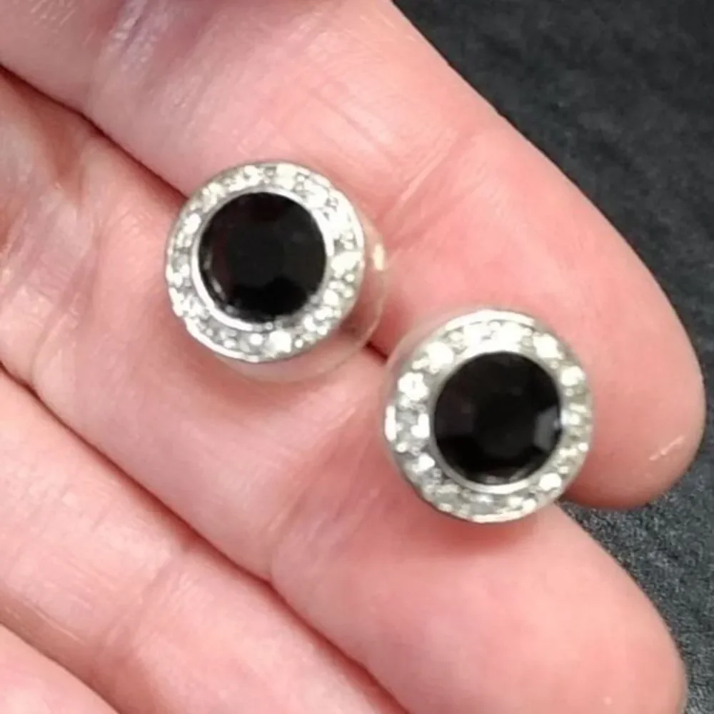 Silver tone black clear round rhinestone earrings